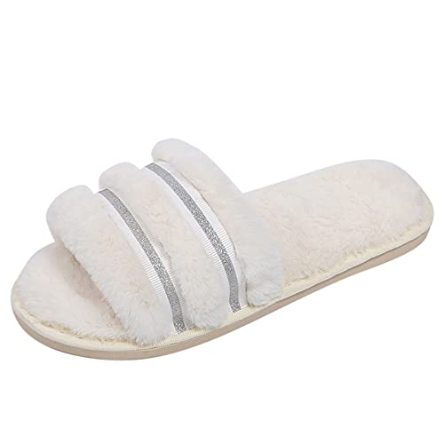 Women'S Sandals Size 11 Black Fashion Rhinestone Furry Wear Slippers Bottom Large Size Flat Warm Slippers for Women