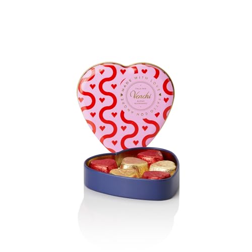 Venchi - Caja de Lata con Forma de Corazón, con 6 Bombones de Chocolate con Leche y Fondente, 48 Gr, Sin Gluten, Sin Colorantes ni Conservantes, Idea de Regalo San Valentín