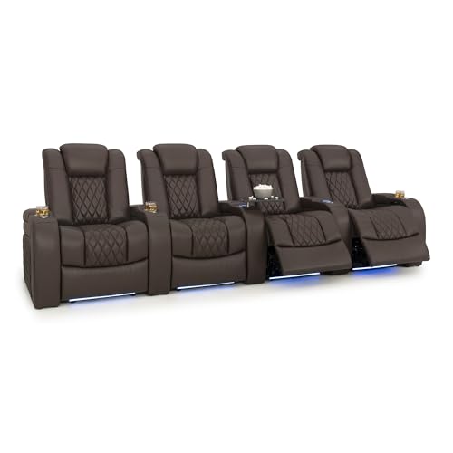 Image of Seatcraft Diamante Brown Italian Leather Home Theater Seating, Zero Gravity Power Recliner Gaming and Home Office Chair, Powered Headrest Lounge Sofa Furniture for Cinema Room, Row of 4