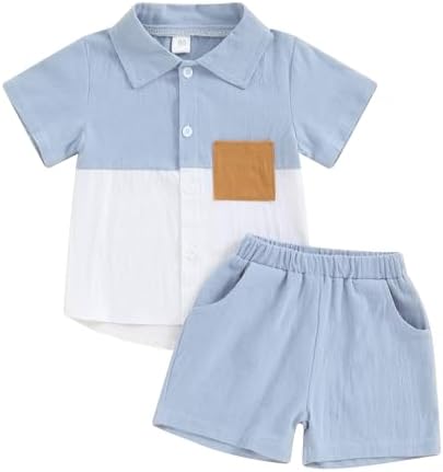 fhutpw Toddler Boy Patchwork Summer Outfits Short Sleeve Button Down Shirt Tops & Casual Shorts Sets Baby 2T 3T 4T 5T Clothes (Blue, 3-4 Years)