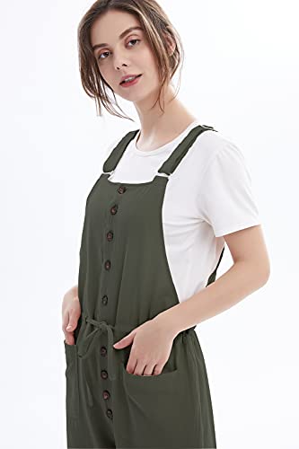 Womens Adjustable Straps Cotton Linen Overalls Button Up Loose Sleeveless Jumpsuits With Pockets Army Green Xl #TOP4