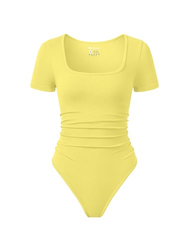 OQQ Women Bodysuits Ruched Short Sleeve Square Neck Stretch Lounge Travel Bodysuits Acacia