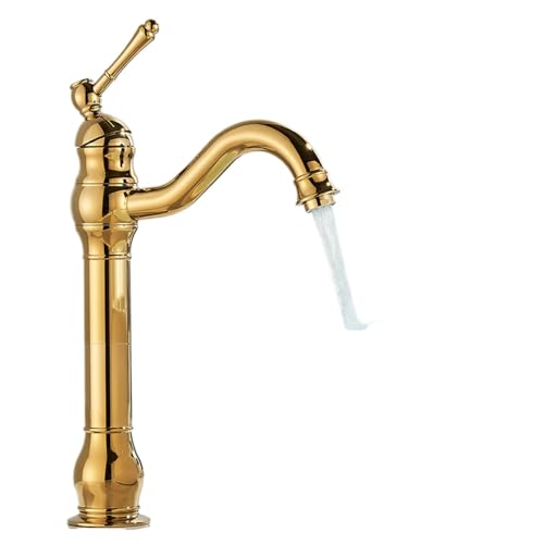 HADECOLL Grifo De Lavabo Dorado De Una Sola Manija, Mezclador De Agua Fría Y Caliente, Grifo De Lavabo De Baño, Grifo De Lavabo Giratorio De Latón Antiguo, Corto, Latón Antiguo, Dorado Brillante