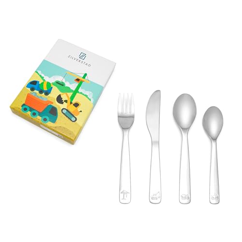 Zilverstad 4-teiliges Kinderbesteck in bunter Geschenkverpackung &ndash; silberfarben, sp&uuml;lmaschinenfest & aus Edeltstahl 304, Baufahrzeuge im Relief, polierte Oberfl&auml;che