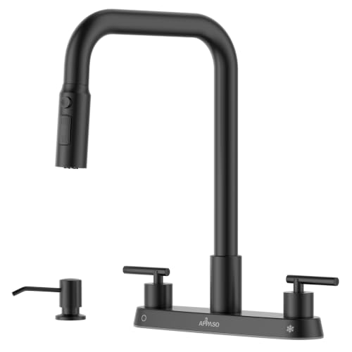 Image of APPASO 4 Hole Kitchen Faucet Matte Black, Dual Handle with Soap Dispenser | Black Kitchen Faucet with Pull Down Sprayer, Square Neck Stainless Steel, Fit for 3 or 4 Holes Standard Sinks, Spot Resist