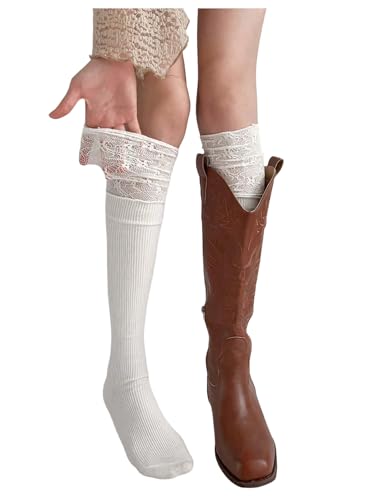 Image of RoseSeek Women's Floral Lace Ribbed Knit Socks Thigh High Over Knee Leg Warmer Stockings