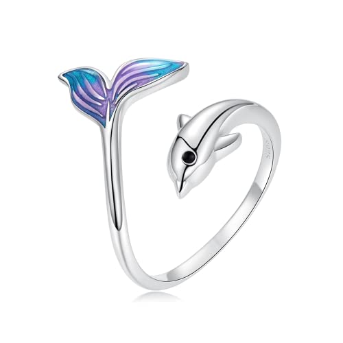 Ategazza Anillo de delfín abierto de plata 925 con degradado azul violeta ga23, Plata, Sin piedras preciosas