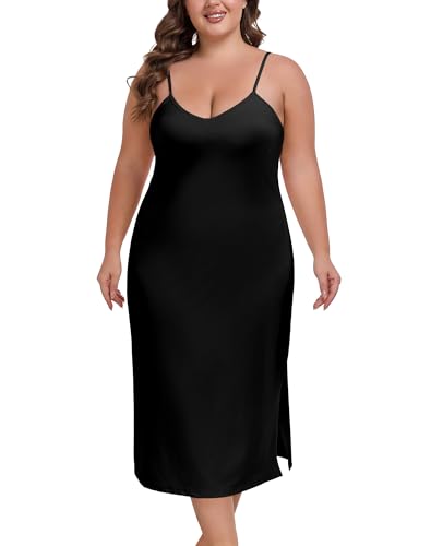 MANCYFIT Plus Size Full Slip for Women Long Slip Dress Spaghetti Strap Cami Nightgown, Black, 22 Plus