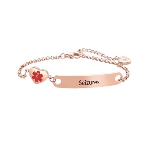 FGT Rose Gold Medical Alert ID Bracelet for Women Men Adults Emergency Medical Jewelry Heart Stainless Steel Adjustable Chain Bracelet, One Size, Stainless Steel, No Gemstone