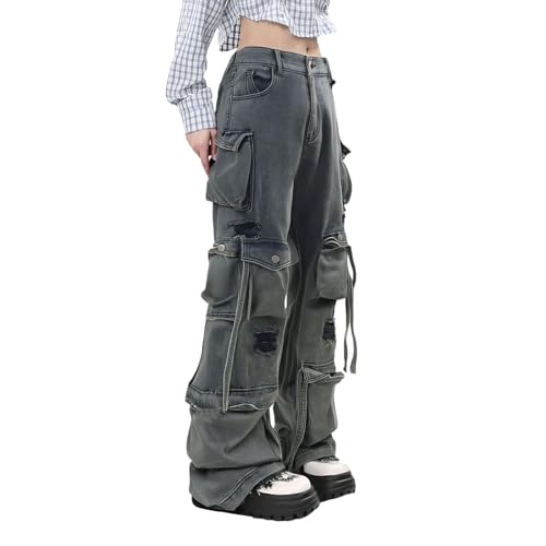 Jean baggy pour femme taille haute stretch au style cargo vintage décontracté