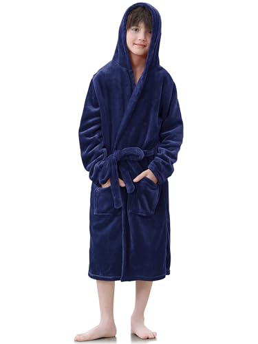 IHU Boys Fleece Robe Kids Hooded Soft Fuzzy Robes Bathrobe Toddler Flannel Pajamas Sleepwear Spa Plush Robe for Boys Girls Navy Blue 10-12 Years