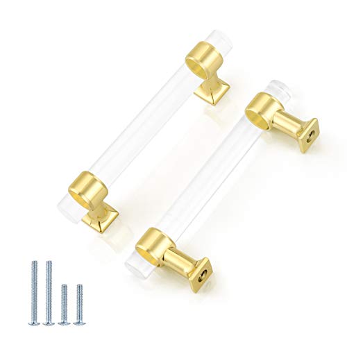 NIZADO-(25 Pack)3-3/4'' Acrylic Cabinet Pulls Polished Brass Drawer Pulls Clear Acrylic Pull Handles,Euro Style Clear Glass Pull Handles for Kitchen Bathroom, Hole Centers:96mm