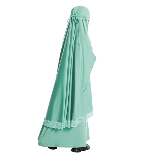Image of Kids Girls Abaya Muslim Full Cover Lace Hijab Dress Kaftan Dubai Islamic Prayer Dress, 2pcs Set