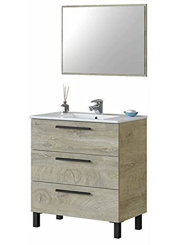 Meuble salle de bain sous vasque avec 3 Tiroirs + 1 Miroir coloris Alaska chêne - Longueur 80 x Profondeur 45 x Hauteur 86 cm -PEGANE-