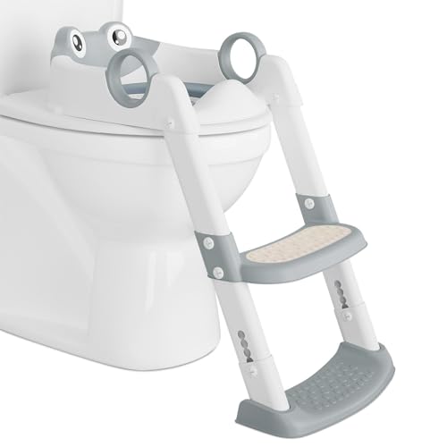 IDEALHOUSE Potty Training Seat with Step Stool, 2-in-1 Kids Toilet Seat,Adjustable Toddler Toilet Seat with Splash Guard & Safety Handles, Anti-Slip Potty Chair, Kids Toilet Seat Attachment(Grey)
