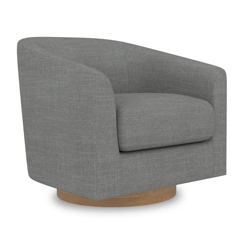 Image of Swivel Accent, Upholstered Modern Barrel-Curved Arm, Linen Fabric Comfty Sofa Solid Wood Base Reading Bedroom, Club Living Room Chair, Charcoal Grey
