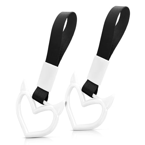 Image of 2 Pcs Devil Heart Shaped Car Handle Strap - Drift Charm Rear Bumper Warning Ring Decor for Car Interior Exterior, Subway Bus Handle Accessory, Cute Heart Car Decor Gift for Drivers (White)