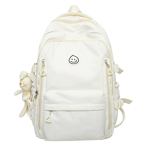 Preppy Backpack Smiling Face with Bunny Plush Cute Aesthetic Backpack Preppy Stuff Kawaii Accessories Korean College Style (White,One Size)