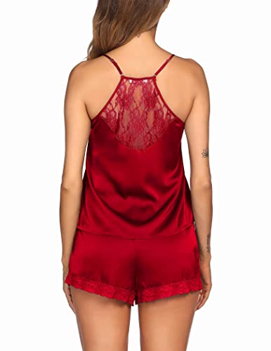Image of Ekouaer Sexy Lingerie for Women Satin Pajama Sets Lace Cami Short Pj Sets | Soft and Comfortable Fabric,Fitted,V Neck,Adjustable Spaghetti Straps,Lace edge,for Sleepwear,Casual,Vacation