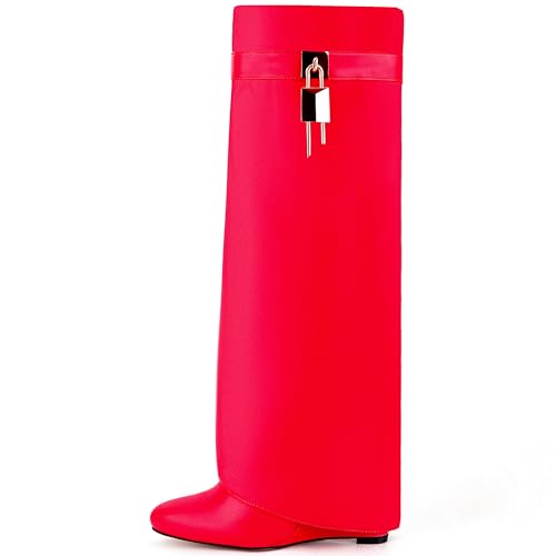 Image of Fold Over Knee High Boots for Women Pointy Pull-on Wedge Heel Knee Shark Boot With Side Zipper Covered Wedge Heel Padlock Boot