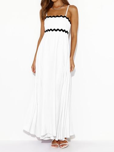 Image of PRETTYGARDEN Women Spaghetti Strap Boho Maxi Dresses Flowy | Sleeveless Smocked Long Dress, Striped Trim Flowy Dress Pockets, Elegant Square Neck Beach Sundress, Casual Summer Outfits