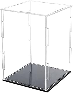 FINGERINSPIRE Acrylic Box with Black Stand and Rubber Band, 11x11cm Cube Clear Acrylic Display Cases for Collectibles, Self-Assembly Dustproof Countertop Box for Toys and Collections