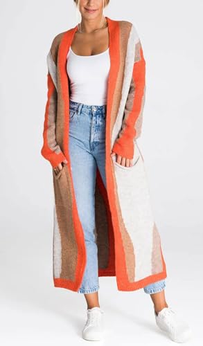 chouyatou Women's Fall Open Front Color Block Long Cardigan Sweater Coat Casual Vertical Striped Coatigan4
