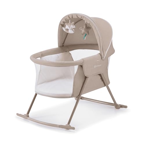 Kinderkraft LOVI Baby Crib 3 in 1 Cradle Travel Cot Rocker Easy Folding and Unfolding Adjustable Canopy with Accessories Mattress Cover Included Toys Transport Bag for Newborn 0-9 kg Beige