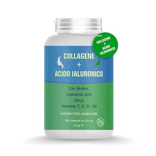 Collagene e Acido Ialuronico Integratore 180 Capsule - collagene integratore Biotina, Zinco e Selenio, 1200mg Collagene Idrolizzato + 150mg Acido Ialuronico e coenzima q10