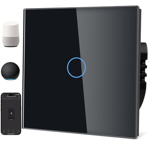 TAWOIA Smart Alexa Lichtschalter (Neutralleiter erforderlich), Wlan Lichtschalter mit Glasscheibe, Sprachsteuerung für Alexa, kompatibel mit Smart Life und Tuya App 1Fach 1Weg Schwarz