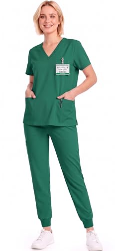 Eadflie Scrubs for Women Set V-Neck Short Sleeve Top & Jogger Pants
