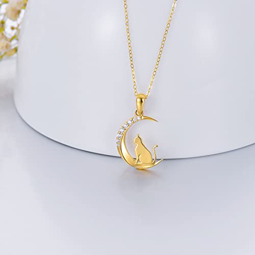 14k Gold Cat and Moon Pendant Necklace for Women, Real 14 Karat Gold Jewelry for Wife/Girlfriend, Birthday Gifts for Her, 16-18 Inch4