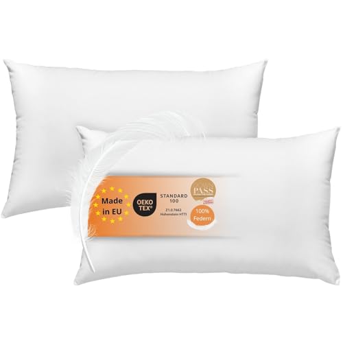 sleepling Lot de 2 coussins de 40 x 60 cm - Rembourrage en plumes, poster, coutil - 100 % coton - Passe-descente - Fabriqué en UE - Lavable à 60 °C