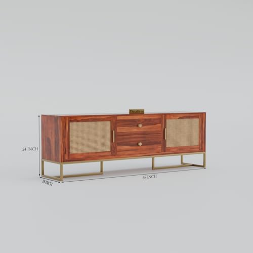 Image of Sheesham Wooden TV Cabinet for Living Room 65+ inch - TV Table for Living Room Entertainment Unit - Solid Wood TV Unit for Livingroom 65 Inch with 2 Drawers & 4 Shelves