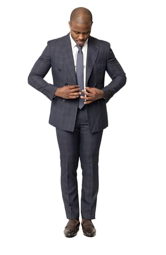 Slim Fit Double Breasted 2 Button Peak Lapel Plaid Men's Suit 23112