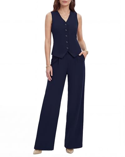 QRNPV Womens 2 Piece Vest Pants Suits - Wrinkle-Free Waistcoat High End Business Dressy Outfits Formal Casual Pants Sets Navy Blue