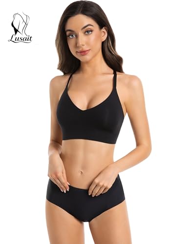 Image of Lusait Lace Bralettes for Women Full Coverage Sexy No Underwire Deep V Racerback Bra Comfort Padded Bras