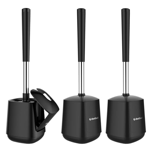 SetSail Toilet Brush and Holder 3 Pack, Self Closing Lid Toilet Bowl Brushes Holder Extra Long Handle Ventilated Toilet Brush Set for Bathroom Cleaning, Nylon Bristles, Black