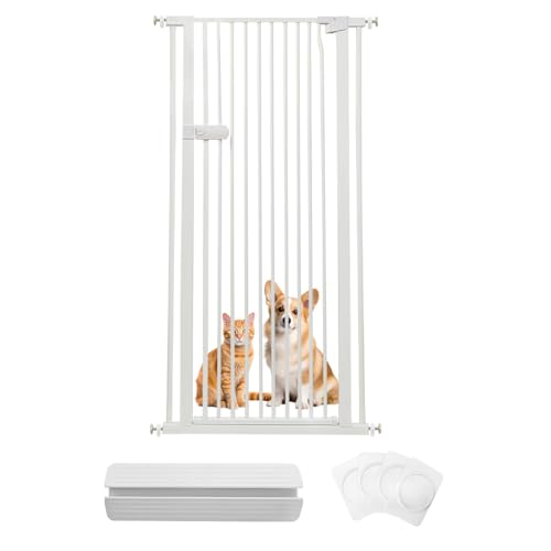 RAKU ペットゲート 猫 高さ155cm 隙間間隔3.5cm ハイタイプ 突っ張り式 取付幅61.5-246cm選択可能 前後90°開閉 オートクローズ 専用スロープ付き 子猫通り抜け防止 穴開け不要 取付簡単 ベビーゲート (ホワイト, 取付幅76～86.5cm)