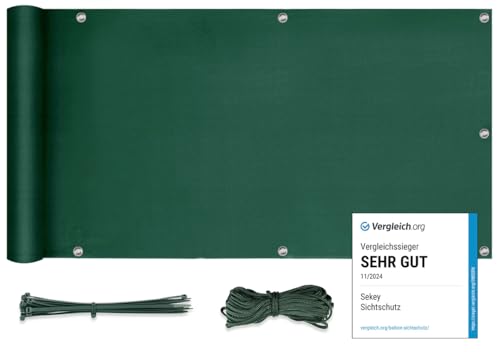 Sekey Balkon Sichtschutz Balkonabdeckung Balkonverkleidung blickdichte Wind- und UV-Schutz, 100% Privatsphäre, mit Ösen, Nylon Kabelbinder und Kordel, Grün 0.9×6m