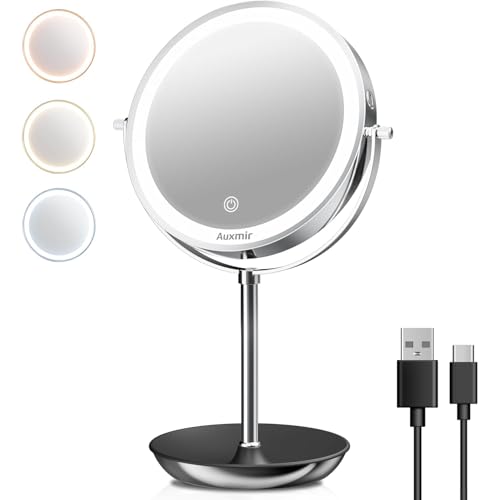 Auxmir Espejo Maquillaje con Luz Recargable, 20X/1X Aumento con USB 1800mAh Espejo Metálico Giratorio 360°, 3 Colores y Brillo Regulable para Baño Tocador, Plateado