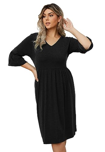 Image of Women's Plus Size 3 /4 Sleeve Casual Dress V Neck Spring Summer Tshirt Empire Waist Ruffle Midi Dresses