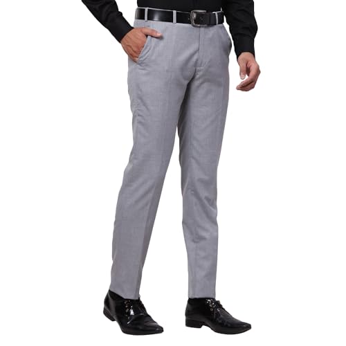 Image of Raymond Men's Slim Fit Mid Rise Solid Pattern Polyester Viscose Blend Flat Front Trouser