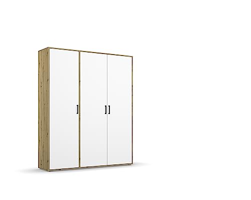 Rauch Möbel Voyager, Kleiderschrank für Schlafzimmer, Kinderzimmer, Babyzimmer, Jugendzimmer, Flur, 3-türig, mit Zubehör Basic, Farbe Weiß/Eiche Artisan, Breite 140cm