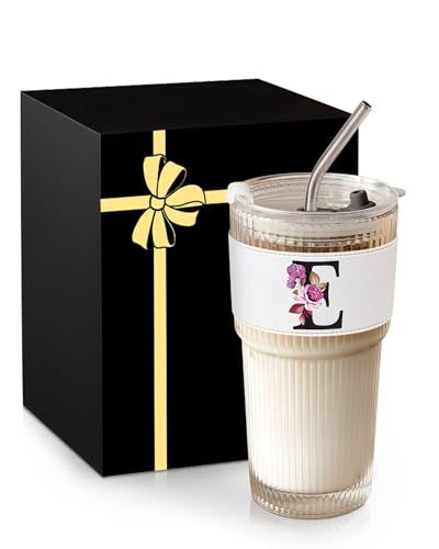 Monogram Glass Cup with Lid Straw Ribbed Ice Tea Coffee Matcha Mujer Vasos Vidrio Latte Clear Tumbler Regalos Mother Day Mama Mommy Bonus Best Mom Ever Asthetic Special Custom Personalized Gift E