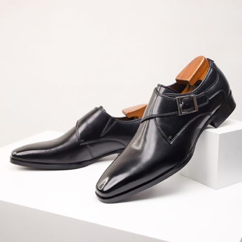 Men's Genuine Leather Monk Strap Low Heel Oxfords Classic Pointed Toe Low Top Slip On Dress Loafers Business Casual Office Wedding Formal Shoes4
