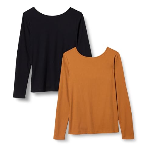 Amazon Essentials Women's Slim Fit Scoop Back Long Sleeve Rib-Knit T-Shirt, Pack of 2, Black/Caramel, X-Large