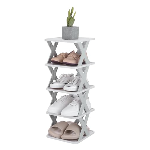 uxcell 5-Tier Plastic Shoe Rack Vertical Shoe Rack Stackable, Gray/White