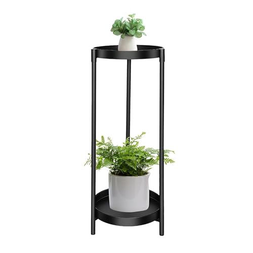 ABRFC Soporte redondo para plantas hecho de acero recubierto para interiores y exteriores, 2 niveles de 80 cm de alto, de metal negro, resistente al óxido, soporte para plantas (negro)
