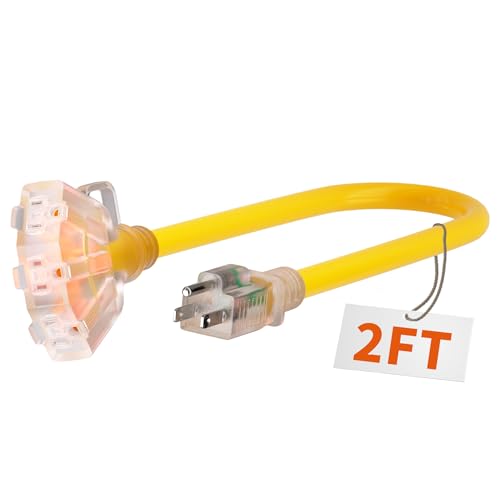 PlugSaf 2 FT 12/3 Gauge Outdoor Extension Cord with Multiple Outlets Light Indicator Flexible 3 Outlet Heavy Duty Extension Cord Waterproof Yellow 15A 1875W 12AWG SJTW ETL Listed